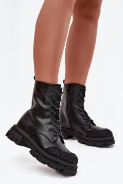 Online Botki Workery Damskie Ocieplane Ze Zdobieniem S.Barski HY42-982 Czarne Damskie Botki Ocieplane|Botki Skórzane