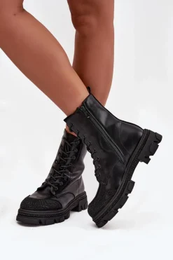 Online Botki Workery Damskie Ocieplane Ze Zdobieniem S.Barski HY42-982 Czarne Damskie Botki Ocieplane|Botki Skórzane