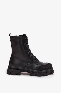 Online Botki Workery Damskie Ocieplane Ze Zdobieniem S.Barski HY42-982 Czarne Damskie Botki Ocieplane|Botki Skórzane