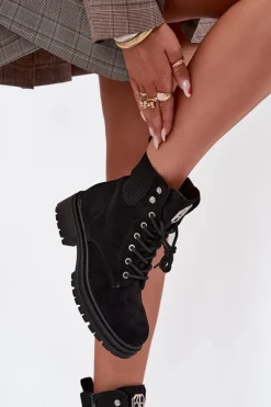 Botki Ocieplane|Botki Sznurowane>Boto Botki Workery Damskie Ocieplane Z Ozdobami Czarne Olivira