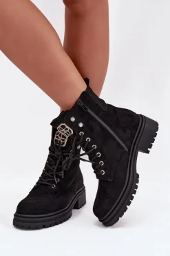Botki Ocieplane|Botki Sznurowane>Boto Botki Workery Damskie Ocieplane Z Ozdobami Czarne Olivira