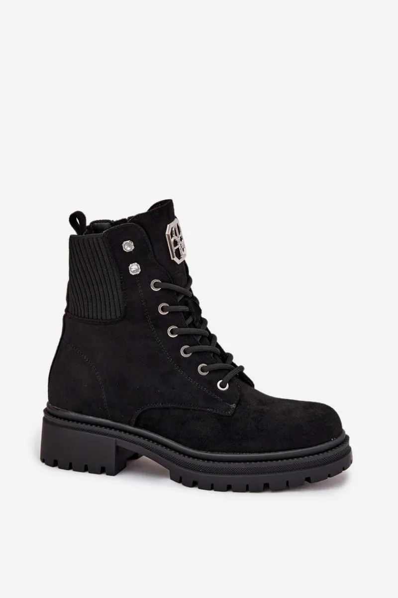 Botki Ocieplane|Botki Sznurowane>Boto Botki Workery Damskie Ocieplane Z Ozdobami Czarne Olivira