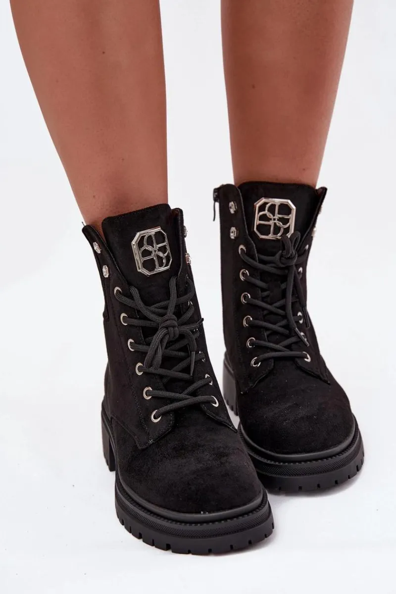 Botki Ocieplane|Botki Sznurowane>Boto Botki Workery Damskie Ocieplane Z Ozdobami Czarne Olivira