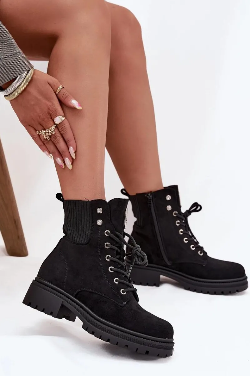 Botki Ocieplane|Botki Sznurowane>Boto Botki Workery Damskie Ocieplane Z Ozdobami Czarne Olivira