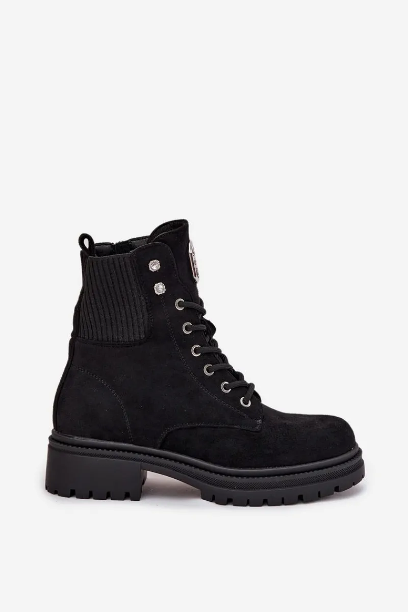 Botki Ocieplane|Botki Sznurowane>Boto Botki Workery Damskie Ocieplane Z Ozdobami Czarne Olivira