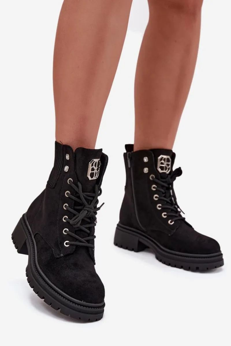 Botki Ocieplane|Botki Sznurowane>Boto Botki Workery Damskie Ocieplane Z Ozdobami Czarne Olivira