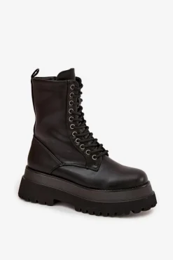 Hot Boto Botki Workery Damskie Ocieplane Na Masywnej Platformie Czarne Felisse