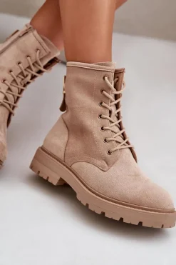 Outlet Boto Botki Workery Damskie Ocieplane Na Zamek Eko Zamszowe Beżowe Mardia