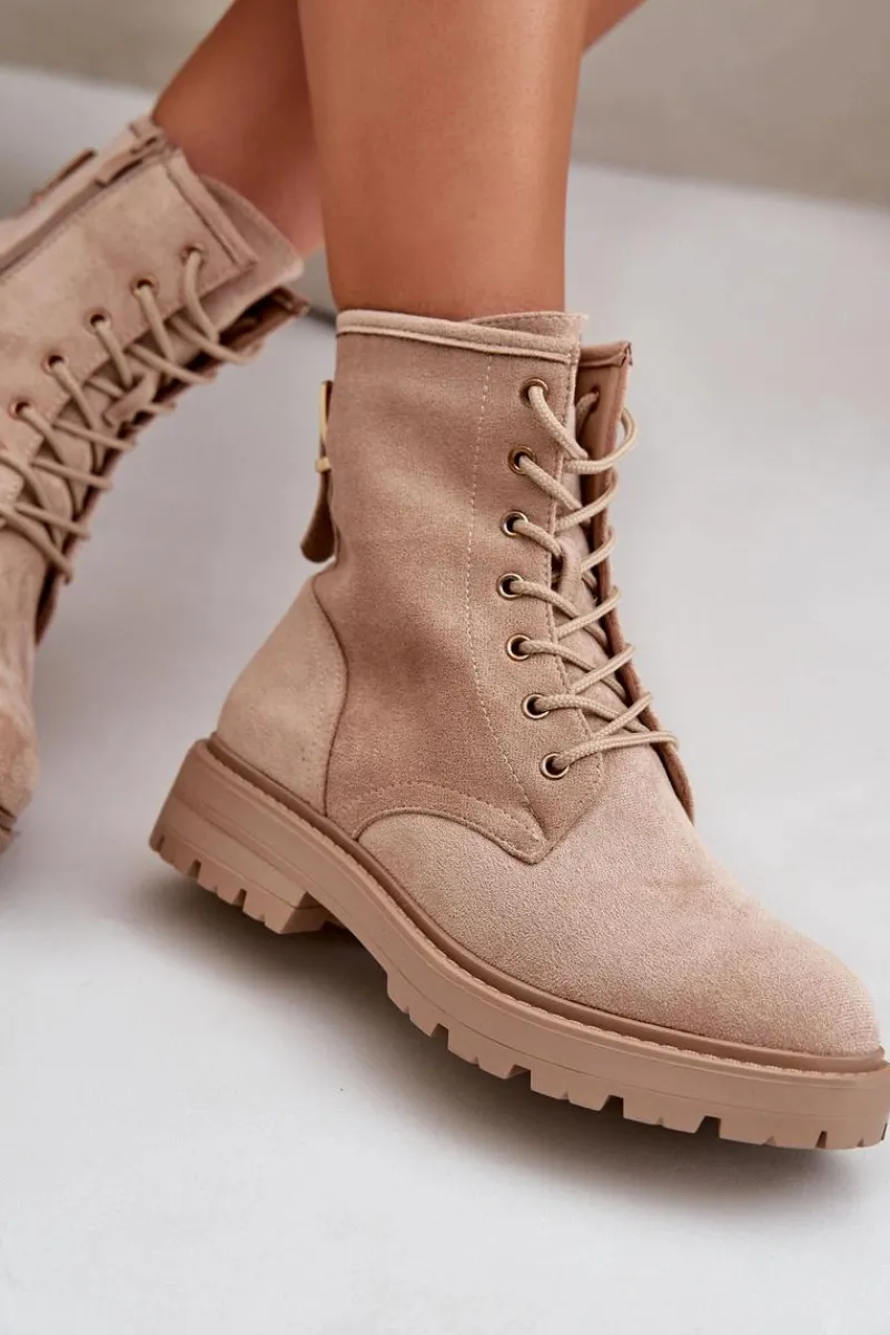 Outlet Boto Botki Workery Damskie Ocieplane Na Zamek Eko Zamszowe Beżowe Mardia