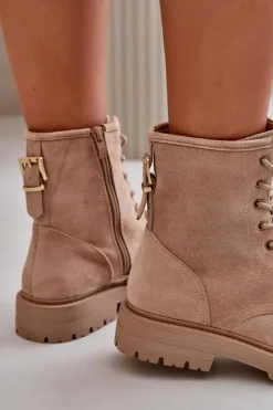 Outlet Boto Botki Workery Damskie Ocieplane Na Zamek Eko Zamszowe Beżowe Mardia