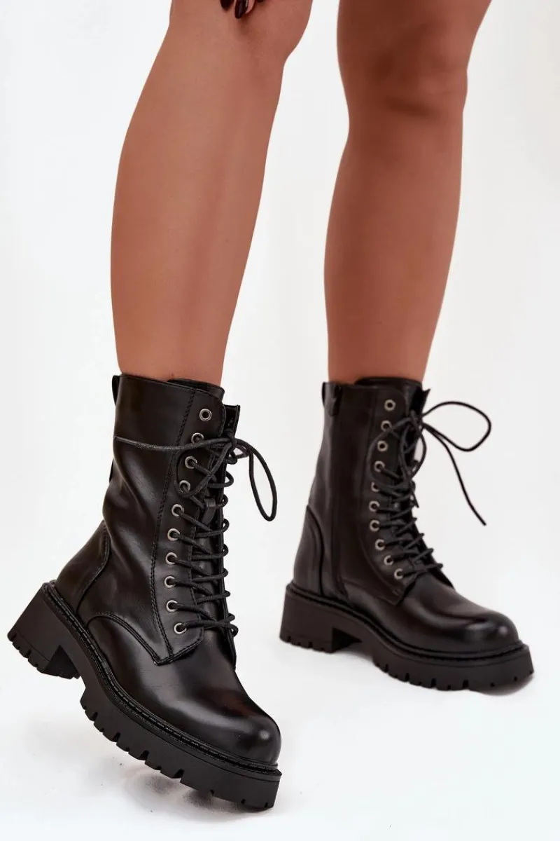 Outlet Botki Workery Damskie Z Eko Skóry Czarne Calesia Damskie Botki Ocieplane|Botki Sznurowane