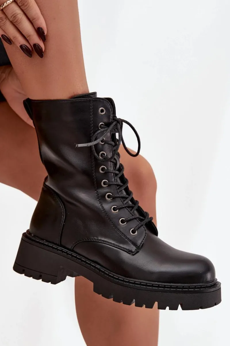 Outlet Botki Workery Damskie Z Eko Skóry Czarne Calesia Damskie Botki Ocieplane|Botki Sznurowane