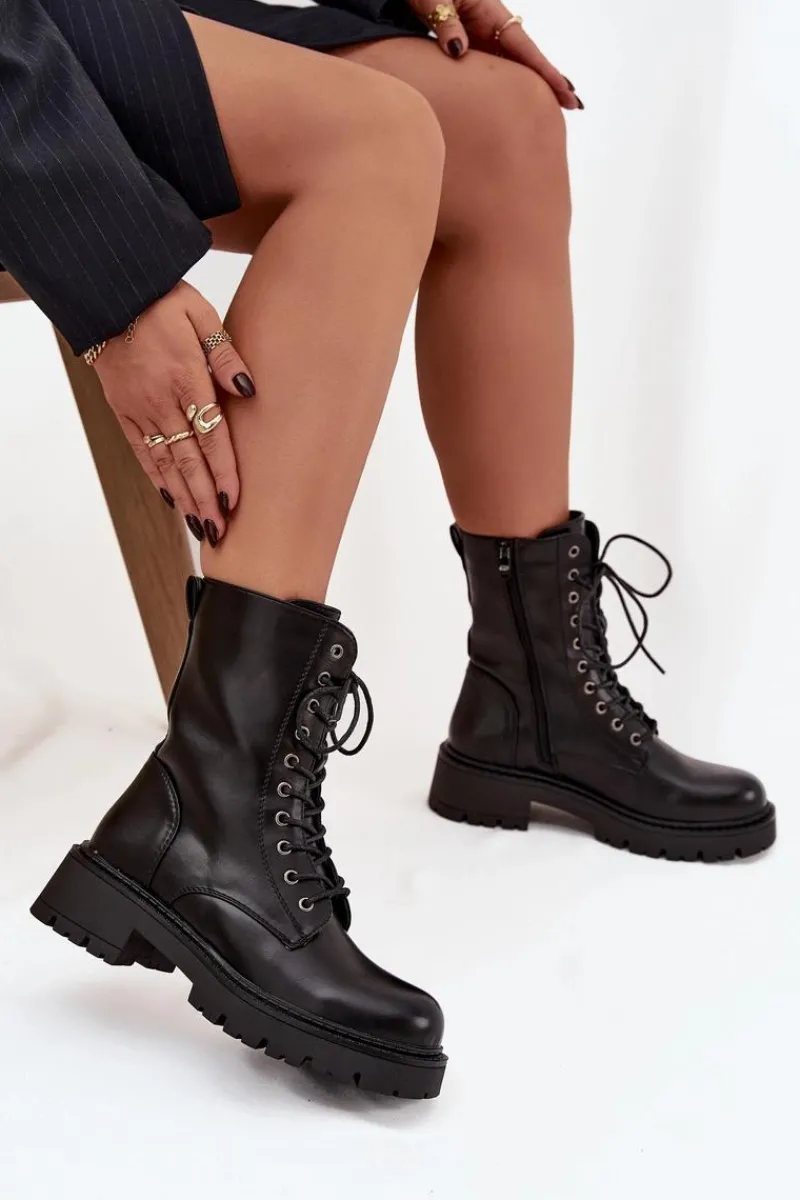 Outlet Botki Workery Damskie Z Eko Skóry Czarne Calesia Damskie Botki Ocieplane|Botki Sznurowane