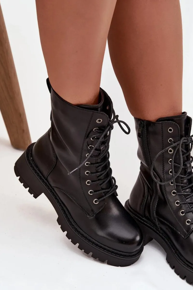 Outlet Botki Workery Damskie Z Eko Skóry Czarne Calesia Damskie Botki Ocieplane|Botki Sznurowane