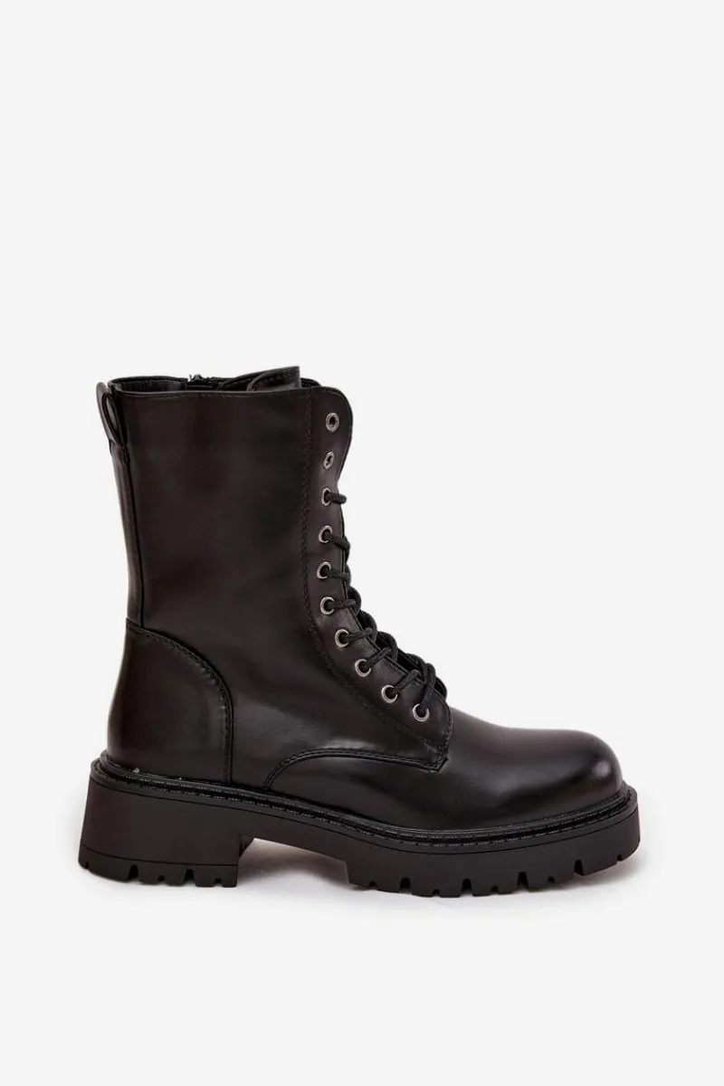 Outlet Botki Workery Damskie Z Eko Skóry Czarne Calesia Damskie Botki Ocieplane|Botki Sznurowane