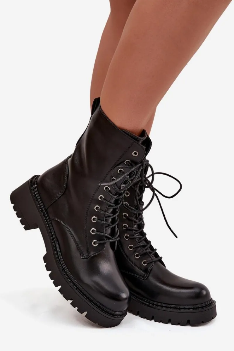 Outlet Botki Workery Damskie Z Eko Skóry Czarne Calesia Damskie Botki Ocieplane|Botki Sznurowane