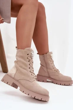 Clearance Boto Botki Workery Damskie Z Kryształkami Na Języku Jasnobeżowe Rosira Beżowy