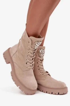 Clearance Boto Botki Workery Damskie Z Kryształkami Na Języku Jasnobeżowe Rosira Beżowy