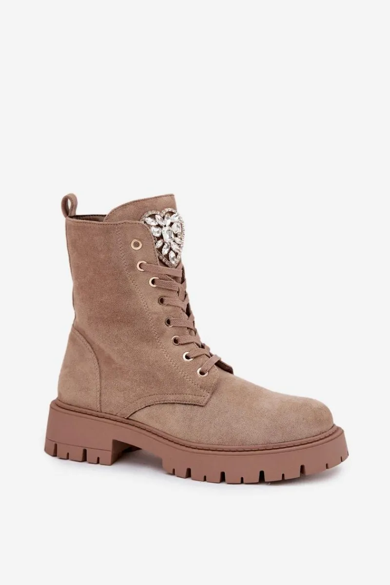 Botki Sznurowane|Botki Płaskie>Boto Botki Workery Damskie Z Kryształkami Na Języku Beżowe Rosira Beżowy
