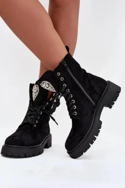 Sale Boto Botki Workery Damskie Z Kryształkami Na Języku Czarne Rosira Czarny