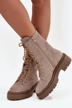 Botki Ocieplane|Botki Skórzane>Zazoo Botki Workery Damskie Z Naturalnego Zamsz Ocieplane 4213 Beżowe Beżowy