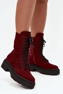 New Botki Workery Damskie Z Naturalnego Zamsz Ocieplane 4213 Bordowe Damskie Botki Ocieplane|Botki Skórzane