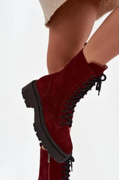 New Botki Workery Damskie Z Naturalnego Zamsz Ocieplane 4213 Bordowe Damskie Botki Ocieplane|Botki Skórzane