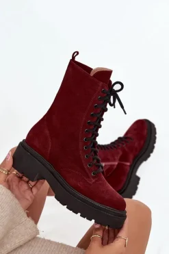 New Botki Workery Damskie Z Naturalnego Zamsz Ocieplane 4213 Bordowe Damskie Botki Ocieplane|Botki Skórzane