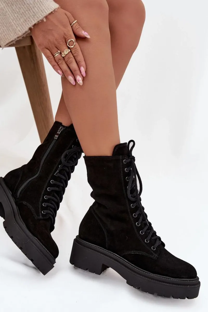 New Zazoo Botki Workery Damskie Z Naturalnego Zamsz Ocieplane 4213 Czarne Czarny