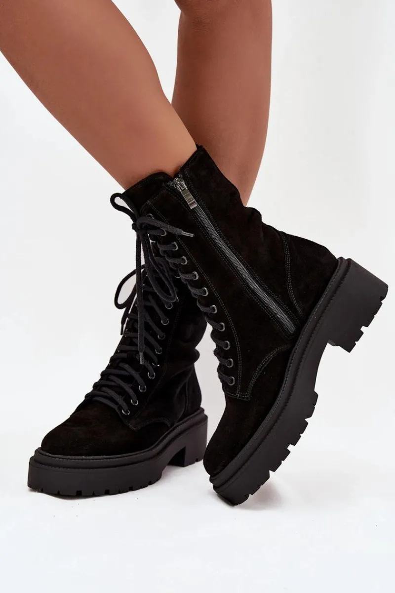 New Zazoo Botki Workery Damskie Z Naturalnego Zamsz Ocieplane 4213 Czarne Czarny