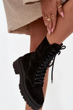 New Zazoo Botki Workery Damskie Z Naturalnego Zamsz Ocieplane 4213 Czarne Czarny