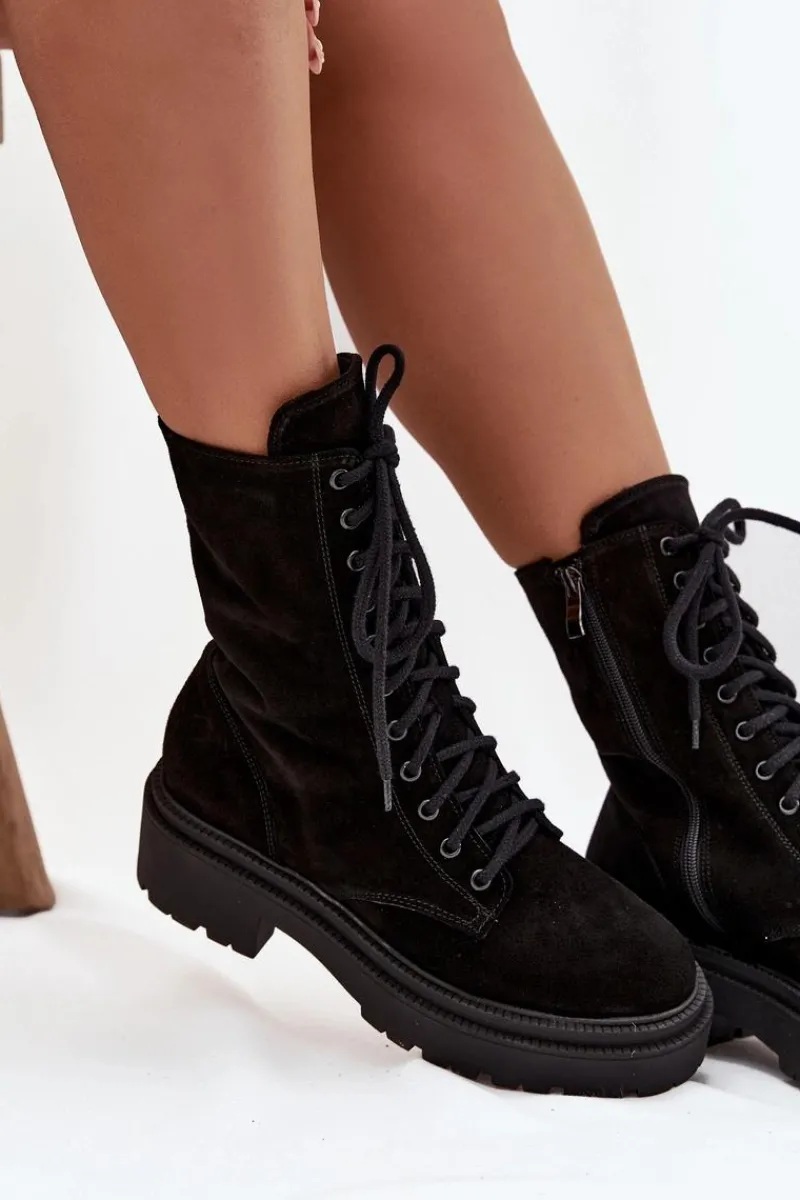 New Zazoo Botki Workery Damskie Z Naturalnego Zamsz Ocieplane 4213 Czarne Czarny