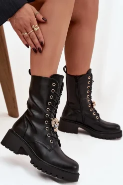 New Botki Workery Damskie Z Ozdobą Czarne Jorayne Damskie Botki Sznurowane|Botki Płaskie