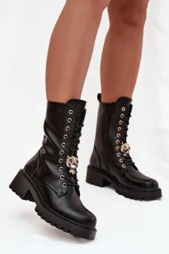 New Botki Workery Damskie Z Ozdobą Czarne Jorayne Damskie Botki Sznurowane|Botki Płaskie