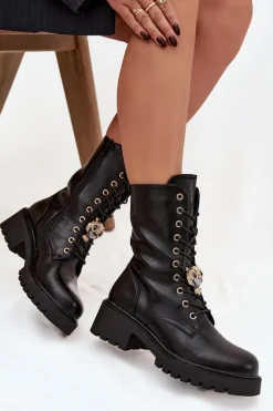 New Botki Workery Damskie Z Ozdobą Czarne Jorayne Damskie Botki Sznurowane|Botki Płaskie