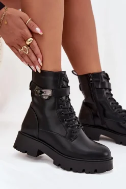 Outlet Botki Workery Damskie Z Ozdobnym Paskiem Ocieplane Eko Skórzane Czarne Selita Damskie Botki Ocieplane|Czarne Botki