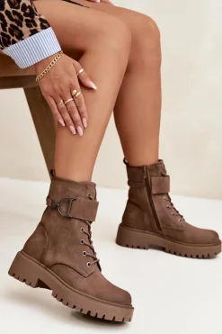 Discount Botki Workery Damskie Z Ocieplane Z Ozdobnym Paskiem Ciemnobeżowe Ulivine Damskie Botki Ocieplane|Botki Sznurowane