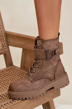 Discount Botki Workery Damskie Z Ocieplane Z Ozdobnym Paskiem Ciemnobeżowe Ulivine Damskie Botki Ocieplane|Botki Sznurowane