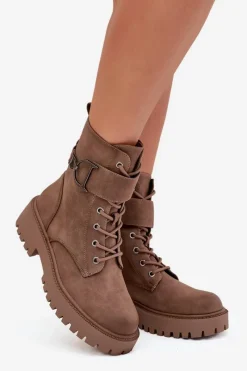 Discount Botki Workery Damskie Z Ocieplane Z Ozdobnym Paskiem Ciemnobeżowe Ulivine Damskie Botki Ocieplane|Botki Sznurowane
