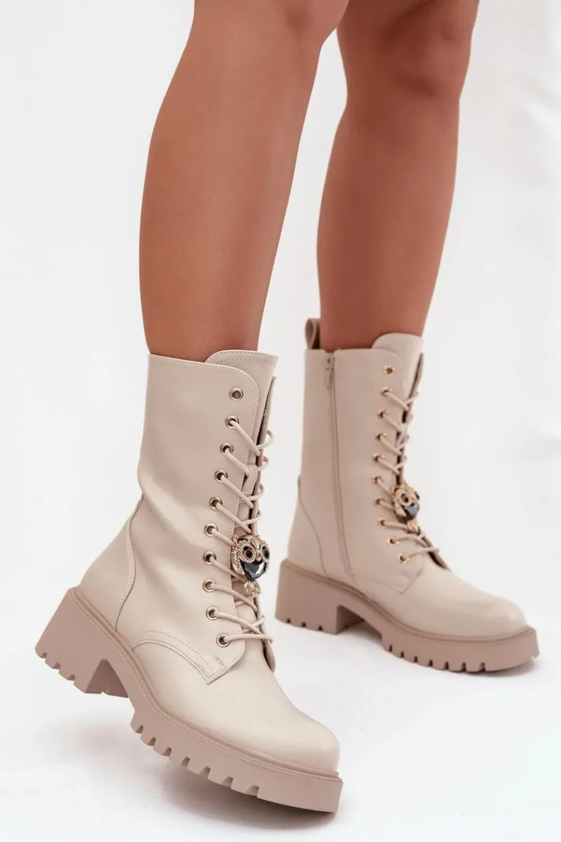 Hot Boto Botki Workery Damskie Z Ozdobą Beżowe Jorayne Beżowy