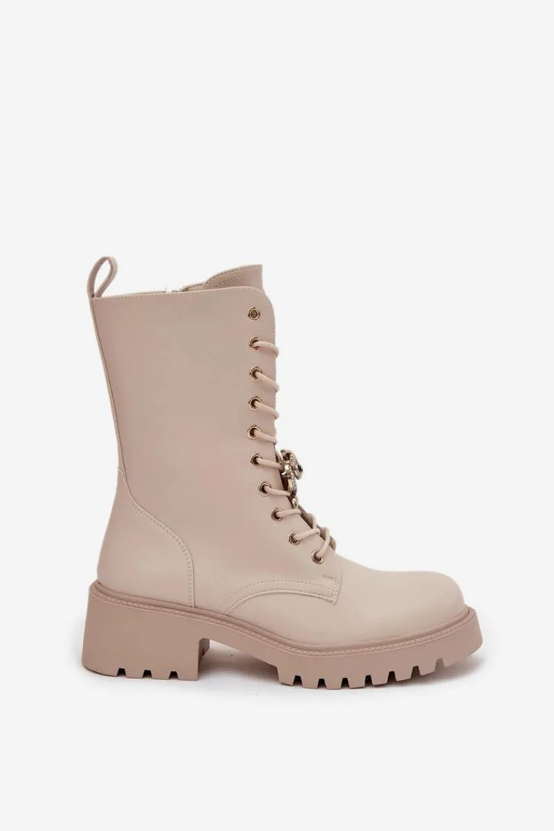 Hot Boto Botki Workery Damskie Z Ozdobą Beżowe Jorayne Beżowy