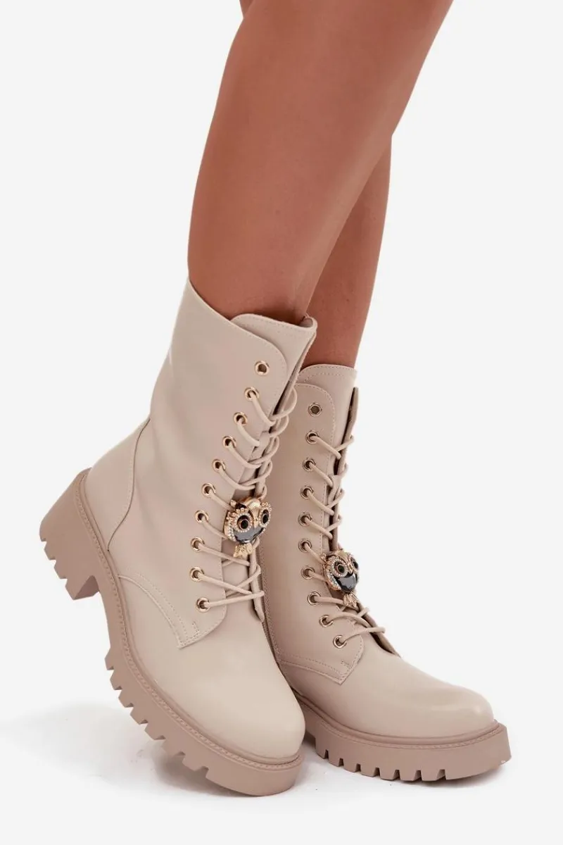 Hot Boto Botki Workery Damskie Z Ozdobą Beżowe Jorayne Beżowy