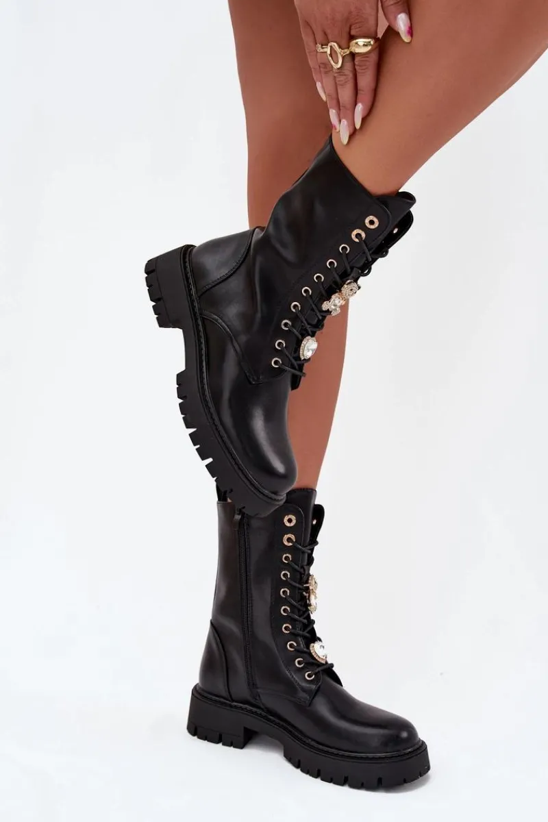 Botki Ocieplane|Botki Sznurowane>Boto Botki Workery Damskie Z Przypinkami Ocieplane Czarne Lomina