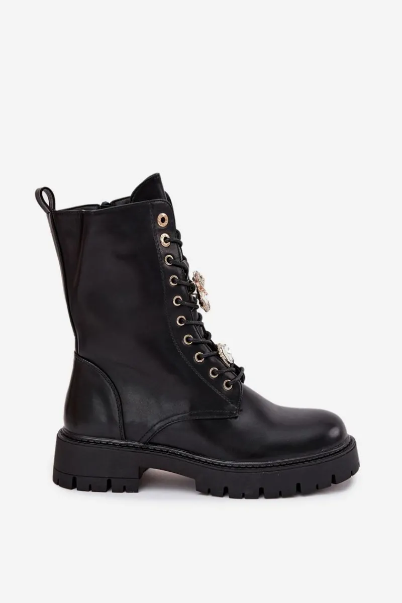 Botki Ocieplane|Botki Sznurowane>Boto Botki Workery Damskie Z Przypinkami Ocieplane Czarne Lomina