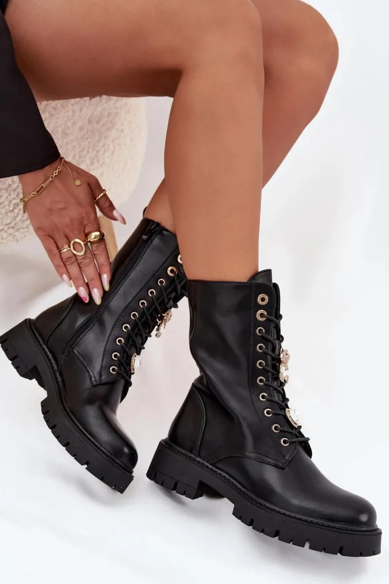 Botki Ocieplane|Botki Sznurowane>Boto Botki Workery Damskie Z Przypinkami Ocieplane Czarne Lomina