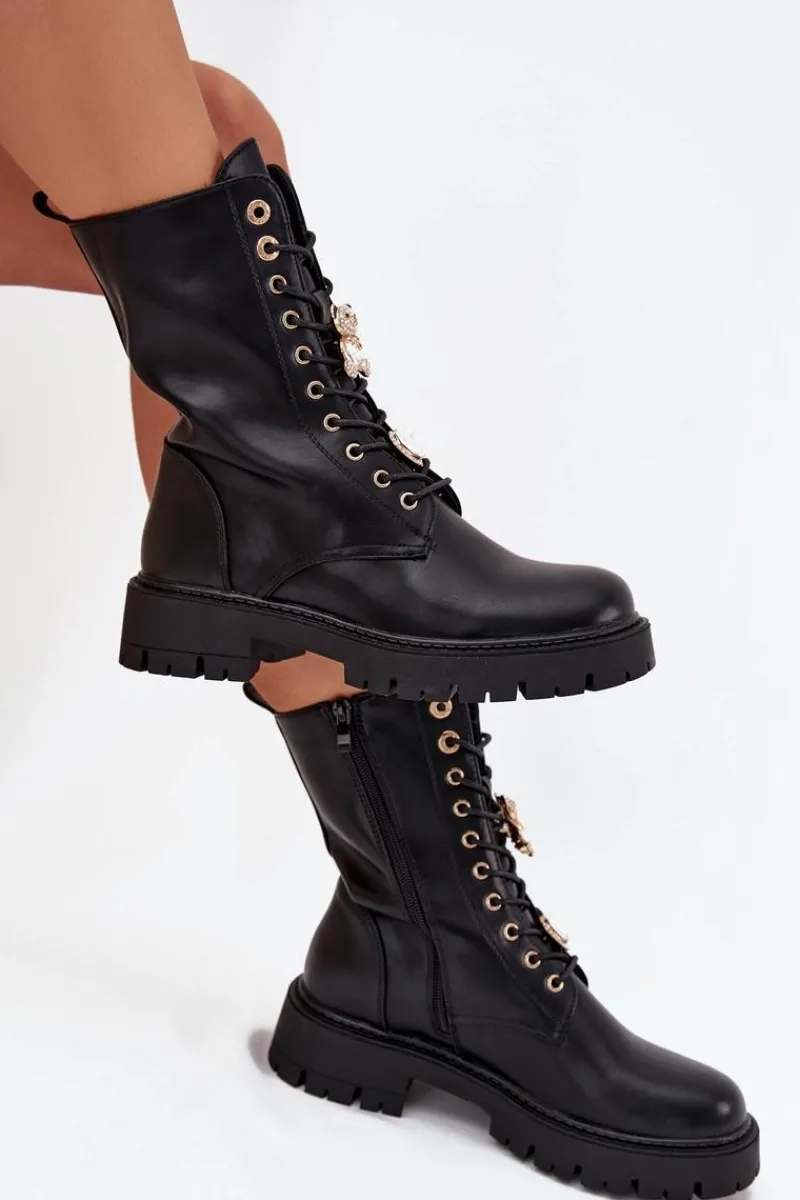 Botki Ocieplane|Botki Sznurowane>Boto Botki Workery Damskie Z Przypinkami Ocieplane Czarne Lomina