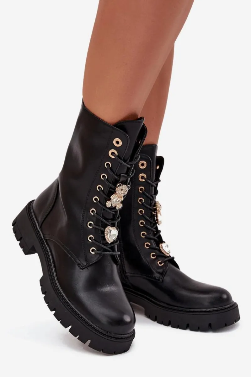 Botki Ocieplane|Botki Sznurowane>Boto Botki Workery Damskie Z Przypinkami Ocieplane Czarne Lomina