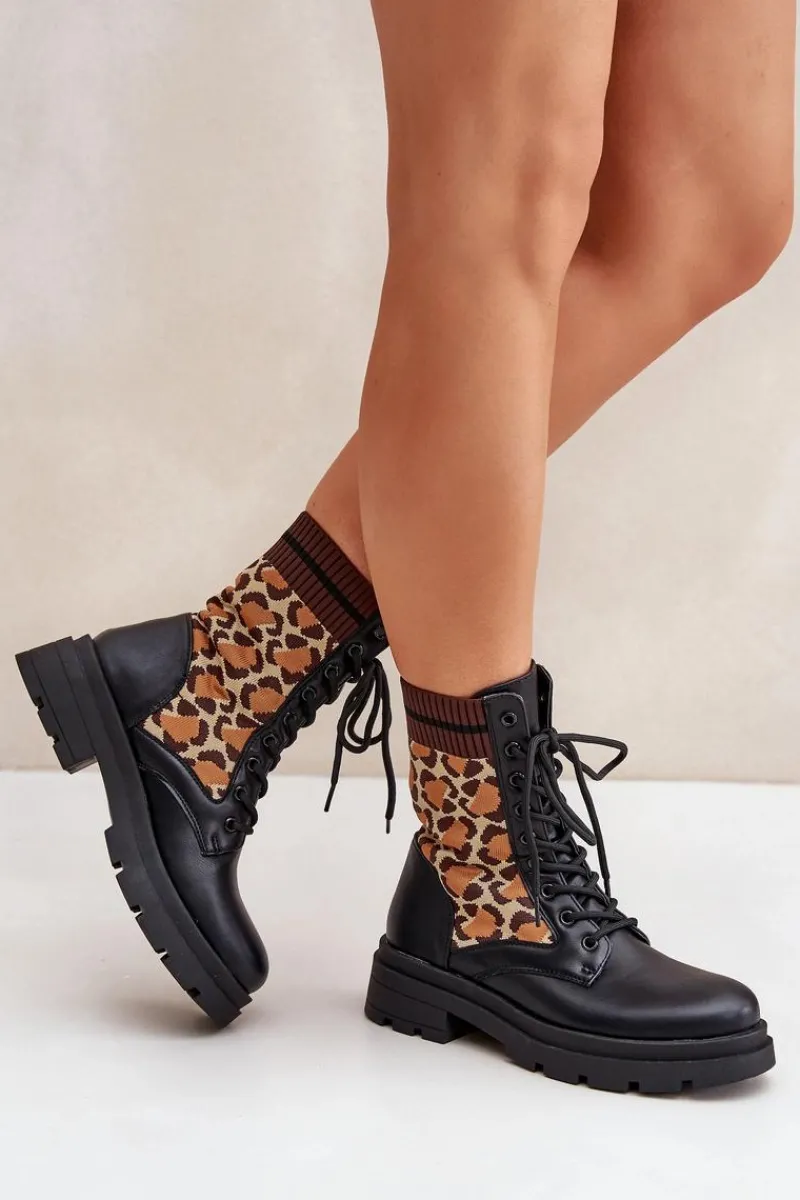 Best Boto Botki Workery Damskie Ze Skarpetą W Panterkę Czarne Penthis Czarny