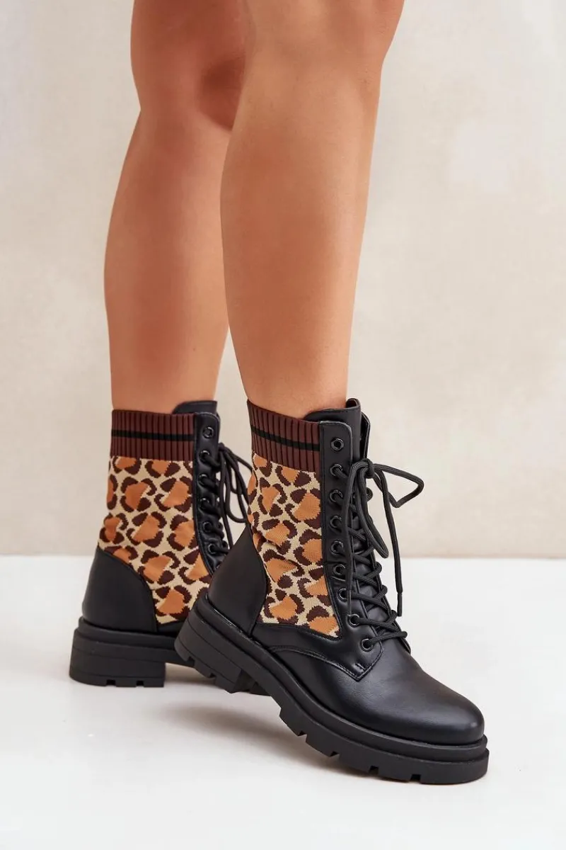 Best Boto Botki Workery Damskie Ze Skarpetą W Panterkę Czarne Penthis Czarny