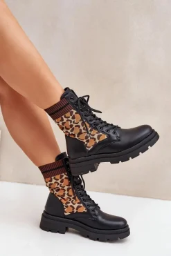 Best Boto Botki Workery Damskie Ze Skarpetą W Panterkę Czarne Penthis Czarny